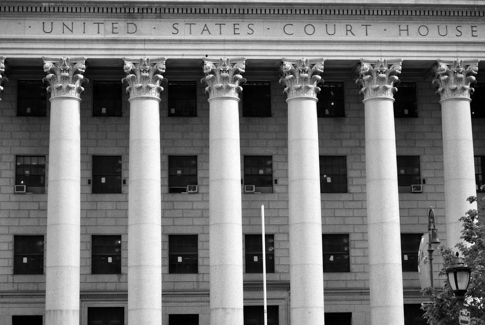 Granite columns under the carved words United States Court House